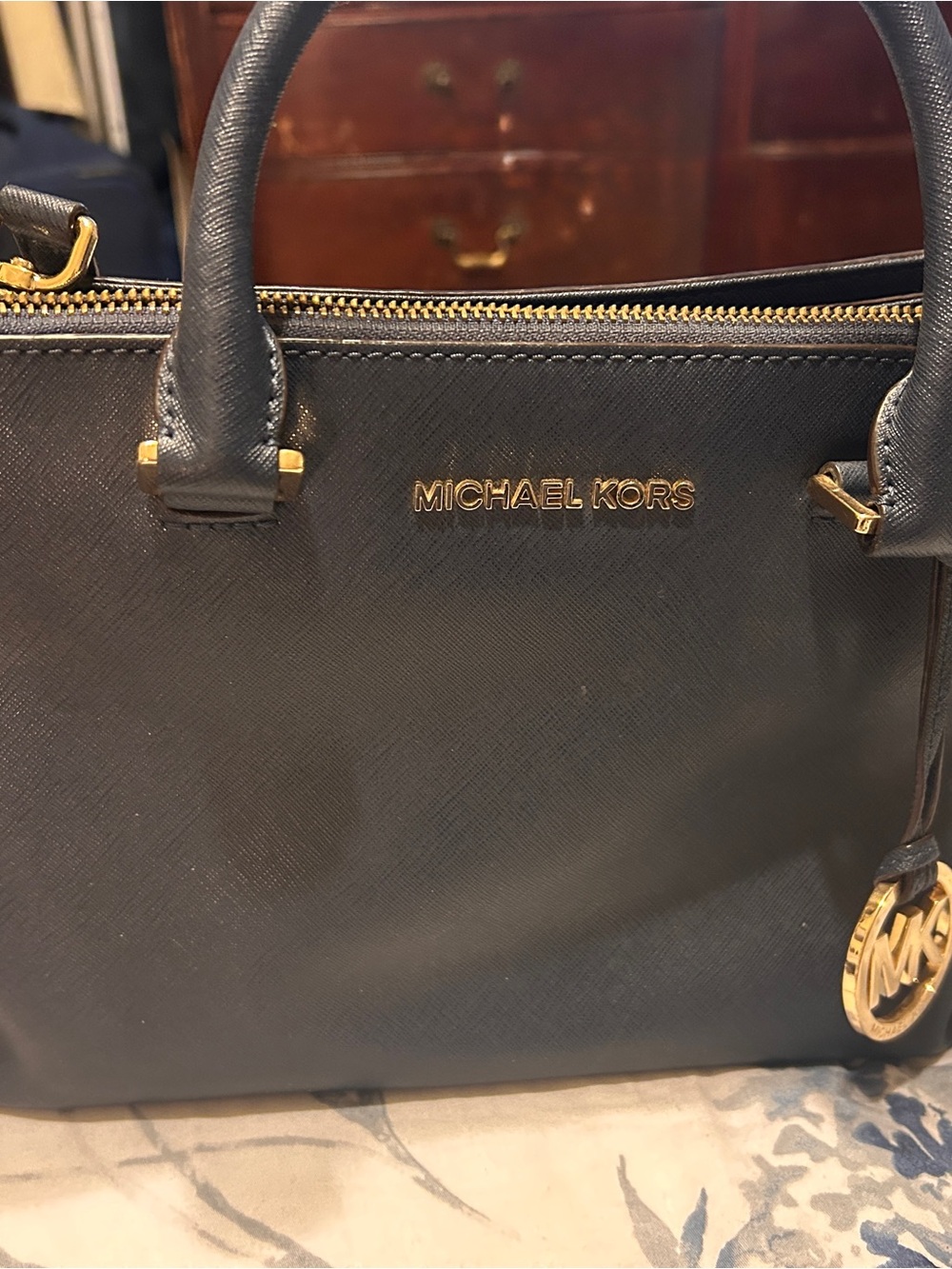 Michael Kors Navy Saffiano Leather Satchel with Gold Hardware